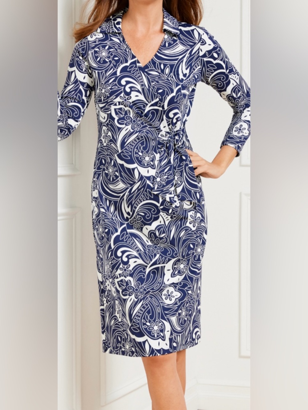 Talbots Jersey Navy and White Floral Wrap Dress